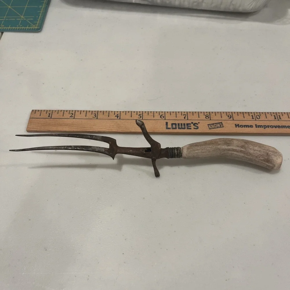 Antique Deer/Stag Antler Handle Meat Carving Serving Fork w/Stand